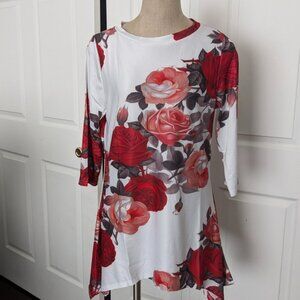 Floral Red Rose Print Women’s Tunic Top - White & Red